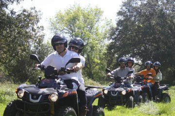 a group of people riding on the back of quad bikes