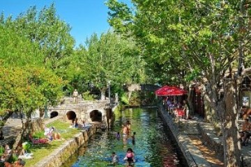 People swimming in a clear canal surrounded by trees and stone walkways on a sunny day.