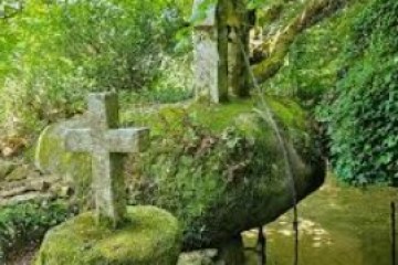 Moss-covered stone crosses in a lush, green forest setting with flowing water.