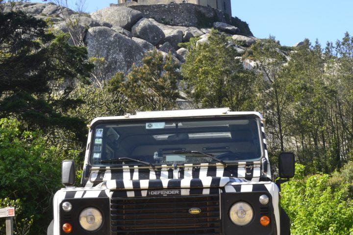 Zebra-striped Land Rover parked on dirt road with building on hill in background.