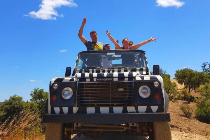 People stand in an open-top jeep with zebra stripes, raising hands joyfully under a blue sky.