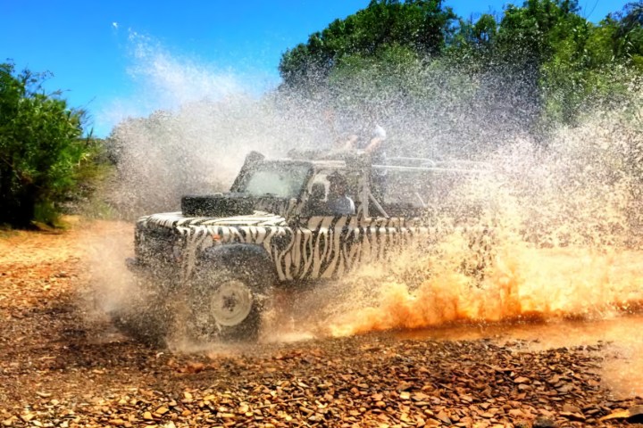 Zebra-striped vehicle driving through water on rocky path, large splash.
