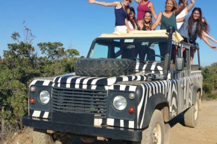 Group of people posing on a zebra-striped SUV in a sunny, outdoor setting.