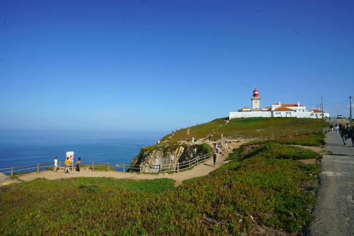 Lighthouse on a cliff with ocean view and visitors walking on pathways under a clear blue sky.