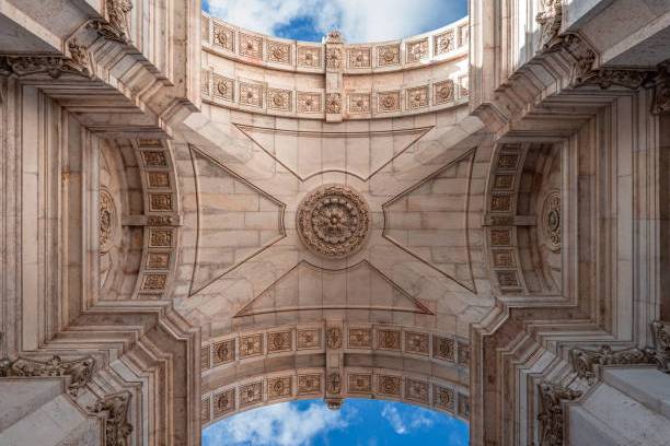 Looking up at an ornate stone archway with blue sky in background.