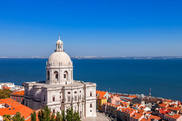 Historic domed building with red rooftops overlooking a large body of water under a clear blue sky.