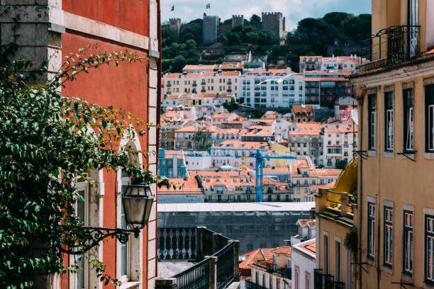 Sunny view of colorful buildings on a hilly street in Lisbon, with a castle visible in the background.