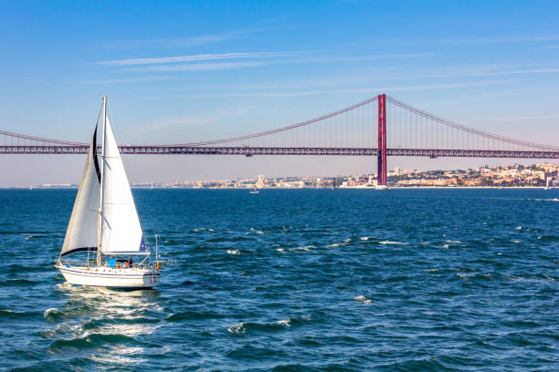 Sailboat on water with a large red suspension bridge in the background on a clear day.
