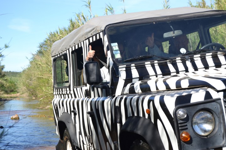 Zebra-patterned jeep crossing a shallow river with passengers inside.