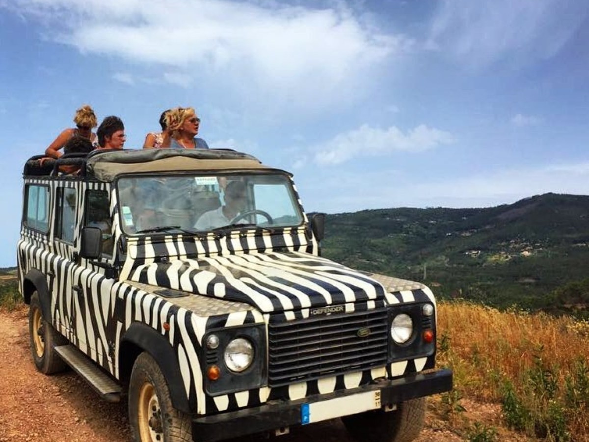 Zebra-striped vehicle on a dirt road with people inside and scenic hilly background.