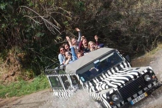 Group of people in a zebra-striped vehicle driving through water, cheering.