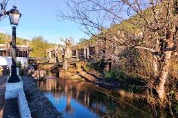 Scenic view of a small river with trees and a bridge.