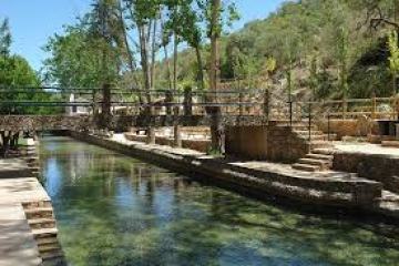 Stone bridge over a clear stream surrounded by trees.