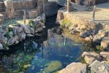 Stone bridge over a small stream with rocky banks.