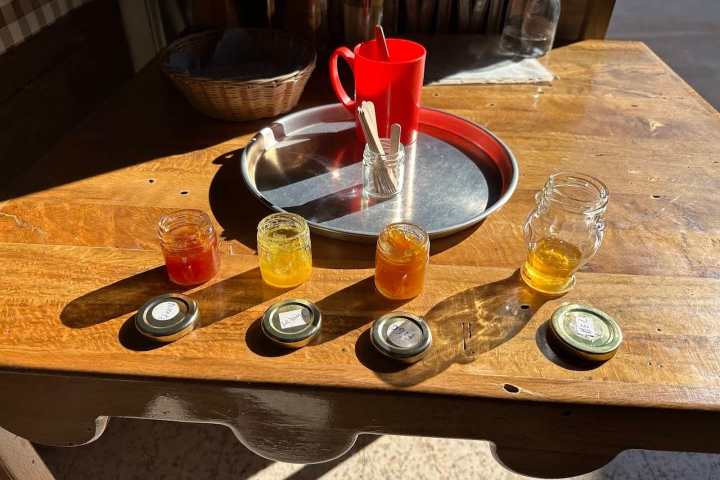 Four small jars of honey on a wooden table with lids beside them and a red mug on a tray.