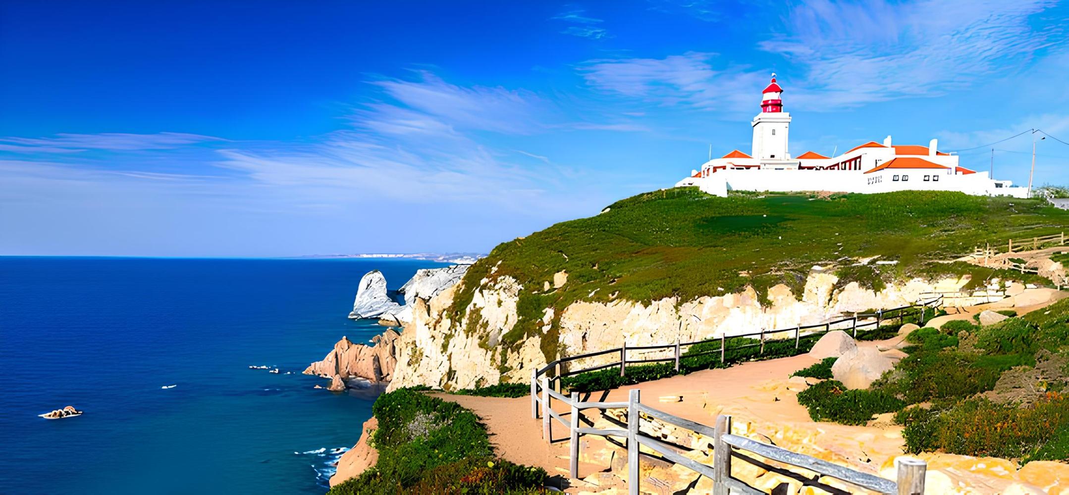Lighthouse on a grassy cliff overlooking the ocean under a clear blue sky.