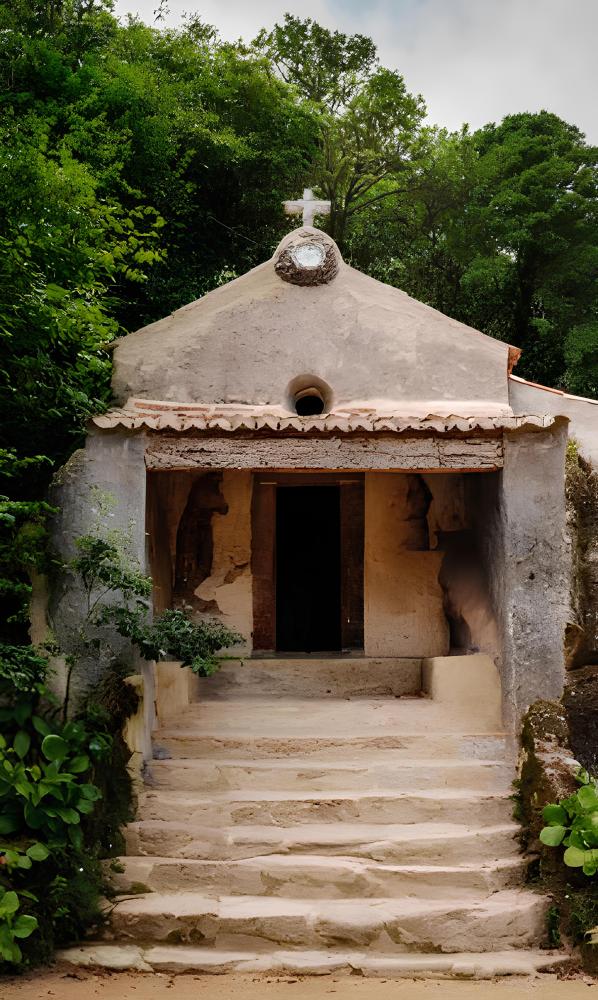 Old chapel with steps, surrounded by greenery.
