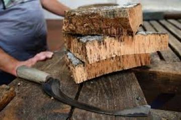 Wood pieces and a curved knife on a wooden table.
